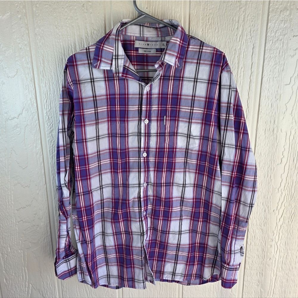 Five Four Men's Purple and White Plaid Button-Down Shirt, Size XL